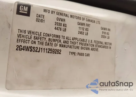 2001 Buick Century Custom z USA, uszkodzony, nr VIN 2G4WS52J111259282